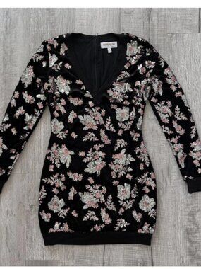 Dres the Population Dress Womens Medium V-Neck Velvet Long Sleeve Sequins Mini